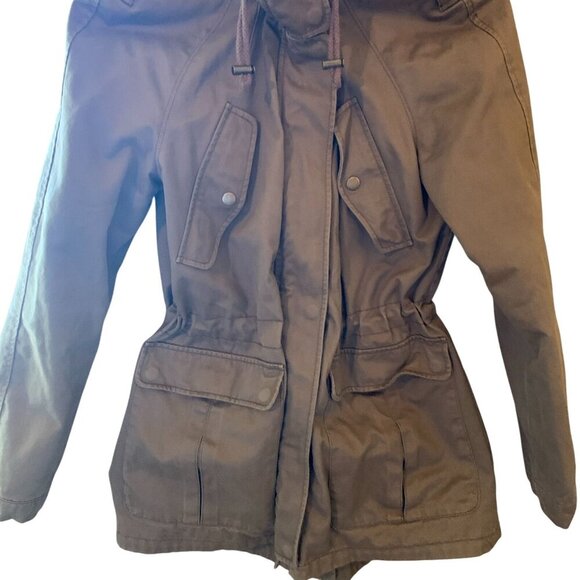 Olive Green Hooded Chore Barn Jacket LG Pockets Snaps 2 Zippers Draw String S-M - Picture 12 of 16
